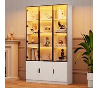 Merax Vitrina de 120 x 32 x 200 cm, vitrina de cristal con 6 puertas y LED, vitrina de pie con control de aplicación, armario de salón de madera MDF, color blanco, cierre suave, protección antivuelco