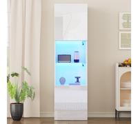 Merax Vitrina de 45 x 35 x 160 cm con iluminación LED, color blanco brillante con 1 estante de cristal, vitrina de pie, vitrina, armario de salón, armario multifunción con protección antivuelco