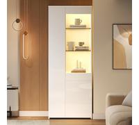 Merax Vitrina de 70 x 35 x 180 cm con iluminación LED, vitrina de cristal brillante con cajón, vitrina con 2 armarios y compartimentos de cristal abiertos, armario de vitrina para salón