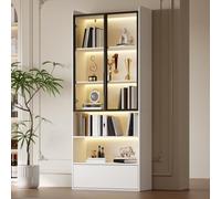 Merax Vitrina de 80 x 34 x 180 cm, vitrina de cristal con control de aplicación LED, armario de vitrina con 1 cajón y puertas de cristal, armario de pie con 6 estantes, armario multifunción, color