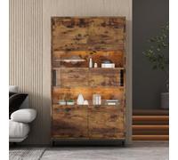 Merax Vitrina de 80 x 40 x 138 cm con aplicación de iluminación LED, vitrina de pie con 2 cajones y puertas acrílicas, armario vitrina, tablero alto, salón, estantería, vitrina, vitrina, color negro y