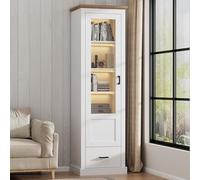 Merax Vitrina de cristal con luz LED, 178 cm, con conector USB, mando a distancia, con decoración de madera y cajón, 5 compartimentos, MDF, para salón y colecciones, 50 x 35 x 178 cm, color blanco