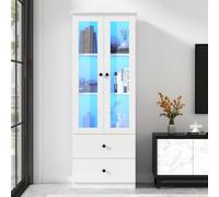 Merax Vitrina de cristal LED de 165 cm, color blanco mate, armario de vitrina con 16 colores y USB, vitrina de pie con estantes ajustables y 2 cajones, armario multifunción para salón, oficina
