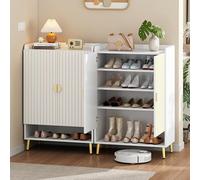 Schuhschrank 4-stöckig 2er-Set: Moderner Schuhregal Schuhkommode, 2 Türen, Verstellbare Regale, Anti-Kipp, Holzregal, Flur, Weiß & Gold
