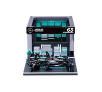 MERCEDES GP F1 W14 EQ PERFORMANCE DIORAMA GARAGE PIT-STOP TEAM AMG PETRONAS MOTORSPORT N 63 SEASON 2023 GEORGE RUSSELL WITH CREW FIGURE AND ACCESSORIES BLACK SILVER GREEN