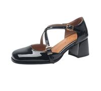 Merceditas para Mujer con Charol Tacones de Punta Cuadrada Zapatos de tacón Grueso con Correas Cruzadas Zapatos de Vestir cómodos para Boda, Fiesta Negro 38 EU