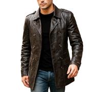 MERCH ATTIRE Abrigo corto vintage de piel de oveja auténtica con doble botonadura para hombre, gabardina de cuero marrón, Borwn - Piel auténtica, M