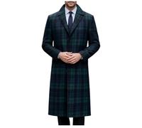 MERCH ATTIRE Abrigo de mezcla de lana a cuadros verde oscuro para hombre, gabardina larga ajustada para invierno, negocios, ropa formal, Verde oscuro y azul marino: lana, XXS