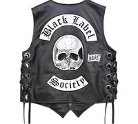 MERCH ATTIRE Chaleco de motociclista de cuero negro con calavera negra para hombre, parche bordado de banda famosa, Negro - piel sintética., M
