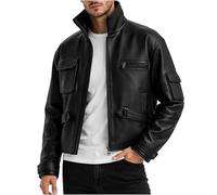 MERCH ATTIRE Chaqueta bomber de cuero de primera calidad para hombre, abrigo casual para motocicleta, ropa táctica con múltiples bolsillos, Chaqueta negra de piel auténtica, M