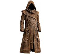 MERCH ATTIRE Gabardina de cuero envejecido vintage con capucha para hombre, chaqueta larga gótica inspirada en disfraz de juego para Halloween, Marrón - Cuero Real, XXS