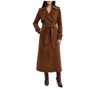 MERCH ATTIRE Gabardina larga clásica de piel de ante retro con cinturón y doble botonadura para mujer, Marrón - Abrigo de gamuza sintética, M