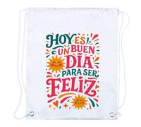 MERCHANDMANIA 4 Mochilas de Cuerdas Frase motivadora Feliz Felicidad Buen Dia Playa Piscina Picnic Excursion Personalizada