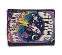 MERCHANDMANIA Billetera Billetero Viaje Espacial Luna Cohete Retro Vintage Poster Hombre Caballero Negro Monedero
