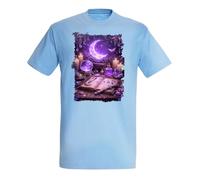 MERCHANDMANIA Camiseta Azul Cielo Libro hechiceria Luna Magia simbolos arcanos Bola Claro Moda Verano Tshirt