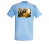 MERCHANDMANIA Camiseta Azul Cielo tiranosaurus Rex Dinosaurio accion Cazador prehistoria Claro Moda Verano Tshirt
