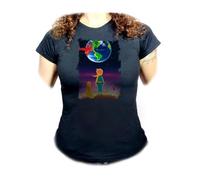 MERCHANDMANIA Camiseta Negra Mujer el principito Luna Tierra Estrellas Universo Fantasia Zorro Oferta Tshirt