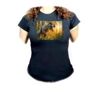 MERCHANDMANIA Camiseta Negra Mujer tiranosaurus Rex Dinosaurio accion Cazador prehistoria Oferta Tshirt