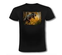 MERCHANDMANIA Camiseta Negra tiranosaurus Rex Dinosaurio accion Cazador prehistoria Moda Verano Tshirt
