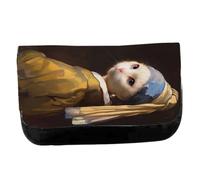 MERCHANDMANIA Estuche Neceser de Lona Cuadro Arte ja Joven de la Perla Gata Gato Linda Cute Unisex Negro Bolsa Aseo Multiusos