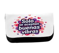 MERCHANDMANIA Estuche Neceser de Lona Frase Positiva Buenas vibras Amistad Sentimientos Unisex Negro Bolsa Aseo Multiusos