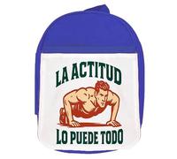 MERCHANDMANIA Mochila Azul frase gym gimnasio deporte la actitud lo puede todo colegio picnic excursión deporte niños
