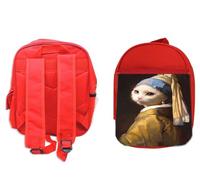 MERCHANDMANIA Pack Mochila Roja y Estuche cuadro arte ja joven de la perla gata gato linda cute school material