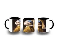 MERCHANDMANIA Taza Negra cuadro arte ja joven de la perla gata gato linda cute color mug