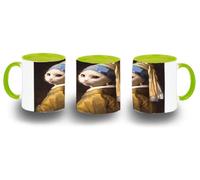 MERCHANDMANIA Taza Verde Lima cuadro arte ja joven de la perla gata gato linda cute color mug
