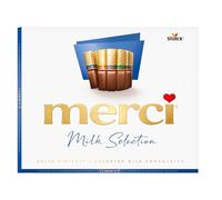 merci Milk Selection Gran Variedad - 250 g - Caja de Bombones para Regalar - Surtido de 4 Especialidades de Chocolate con Leche con y sin Relleno - Sin Gluten y Aptos para Vegetarianos