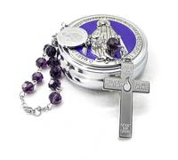 MERCILIA MEISHILAI Marie-Julie Jahenny - Juego de rosario de protección de acero inoxidable con cuentas moradas y estuche para medallas milagrosas, regalo religioso católico para espejo de coche