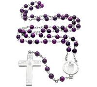 MERCILIA MEISHILAI Marie-Julie Jahenny Rosario de protección con cuentas de piedra de mármol morado, collar de rosario católico con cruz de perdón Cruz del perdón, joyería religiosa cristiana para