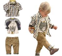 MERCIYD Conjunto de ropa informal de 3 piezas para niño pequeño + camisa a cuadros + pantalones caqui, marrón, 3-4 Años