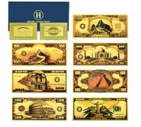 Mercollection Juego de 7 billetes de papel de aluminio dorado de las Siete Maravillas del Mundo, como Cristo como Taj Mahal, Gran Muralla, regalo de dinero de plástico de 100 dólares
