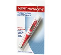 MERCUROCHROME - Termómetro electrónico - Fácil y rápido de usar - Sonda flexible - Memoria última toma - Funda protectora y batería incluida - 1 unidad