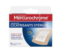 MERCUROCROME - Apósitos Cicatrizantes estériles - Alivio y Cicatriz - Indoloroso a la contracción - Soporte extensible - Apósito transpirable - x6-7 cm x 5 cm - Tecnología Lipido coloide