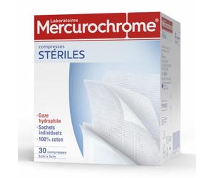 MERCUROCROME - Compresas estériles 100% algodón - Caja de 30 compresas 5 x 5 cm plegadas