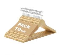 MERCURY TEXTIL - Perchas de Madera Natural, Gancho Giratorio 360°, Barra Antideslizante para Pantalones, Ideal para Trajes, Vestidos y Chaquetas.(Madera, 10 Unidades)