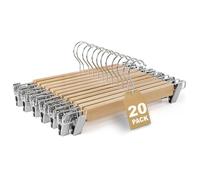 MERCURY TEXTIL - Perchas Madera para Pantalones con Almohadillas Que No Dañan la Ropa, Gancho de Acero Cromado 360° - Perchas Pantalones de Madera Maciza Pulida sin Astillas (Madera, 20 Unidades)