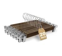 MERCURY TEXTIL - Perchas Pantalones con Clips Antideslizantes Madera Maciza Pulida sin Astillas, Almohadillas Suaves Que No Dañan la Ropa, Gancho de Acero Cromado 360°. (Marrón, 20 Unidades)