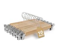 MERCURY TEXTIL - Perchas Pantalones con Clips Antideslizantes Madera Maciza Pulida sin Astillas, Almohadillas Suaves Que No Dañan la Ropa, Gancho de Acero Cromado 360°. (Madera, 10 Unidades)