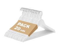 MERCURY TEXTIL - Perchas Ropa de Madera Natural, Gancho Giratorio 360°, Barra Antideslizante para Pantalones, Ideal para Trajes, Vestidos y Chaquetas, Perchas Madera (Blanco, 20 Unidades)