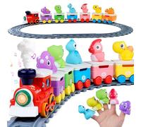 Meribbit Tren con Vías, Luces y Efecto Vapor, Marionetas de Dedo Dinosaurio, Juguetes Montessori Sensoriales, Juego Educativo para Niños de 2 Años, Regalo 1-3 Años