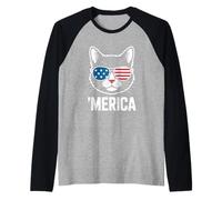 Merica Cat 4 Julio Independence Day America Patriot Camiseta Manga Raglan