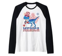 Merica Dinosaur T Rex Patriotic American Flag 4th of July Camiseta Manga Raglan