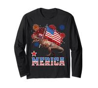 Merica Dinosaur T Rex Patriotic American Flag 4th of July Manga Larga