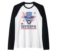 Merica Skull Firework 4th of July Patriotic American Flag Camiseta Manga Raglan