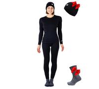 Merino.tech Set da Donna in Lana Merino, biancheria Intima da Donna in Lana Merino di Peso Medio, Top, Fondo, berretto, Nero, Large