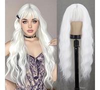MERISIHAIR Peluca larga blanca ondulada con flequillo, de 26 pulgadas, de aspecto natural, sintética, resistente al calor, para mujer, uso diario, fiesta, cosplay