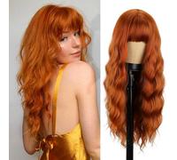 MERISIHAIR Peluca larga naranja con flequillo, pelucas onduladas de jengibre para mujer, 26 pulgadas, resistente al calor, peluca sintética naranja para uso diario en fiestas de cosplay
